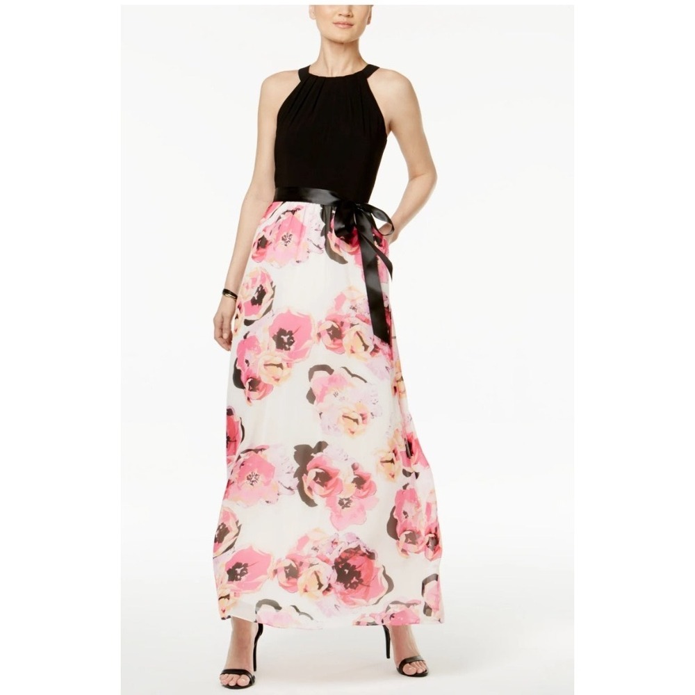 SLNY Womens Black Floral Chiffon Maxi Dress Satin Tie Waist Size 6 NWT